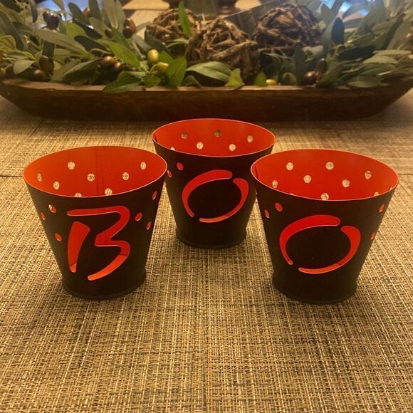 Halloween Set of 3 Metal Hallmark BOO Tea Light Candle Holders Orange and Black - Picture 1 of 7
